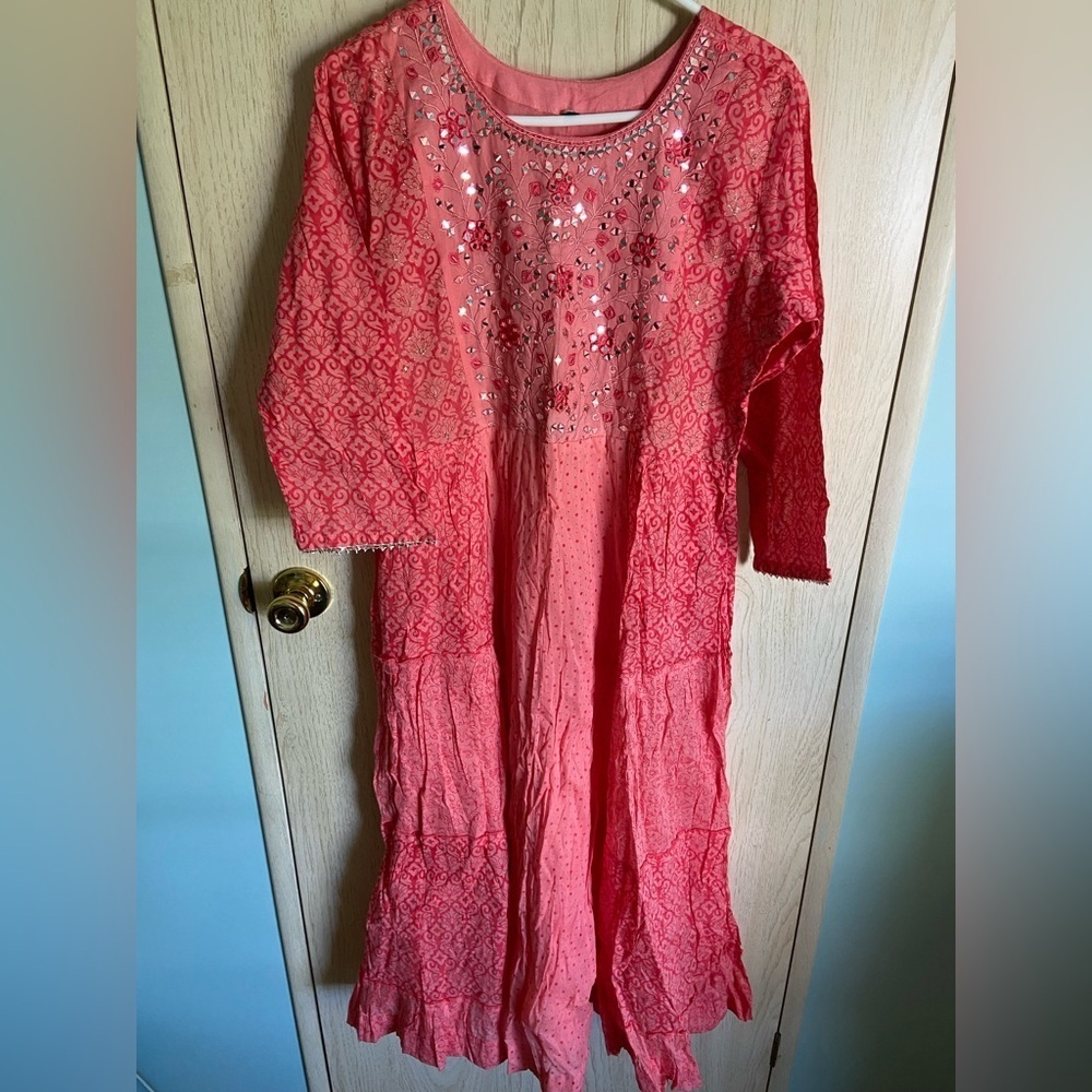 Banjaran Indian Pure Cotton Kolkata Anarkali Dress Coral New XL